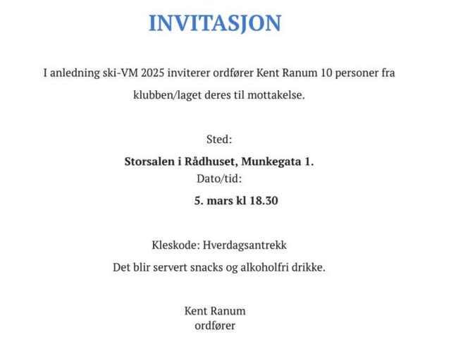 Ordfører Kent Ranum inviterer deg til rådhuset under Ski-VM. Vil du delta?